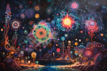 A Vibrant Cosmic Landscape Filled with Colorful Celestial Bodies and Ethereal Flora