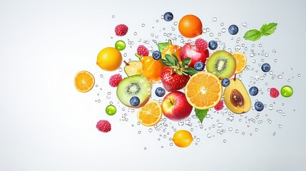 Bright, colorful fruit drops falling mid-air, splashing with vibrant juice against a clean white background. High-res, detailed droplets visible.