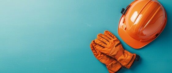 Vibrant Orange Hard Hat and Gloves on Light Blue Surface, Safety and Professionalism Concept, Construction Industry Equipment