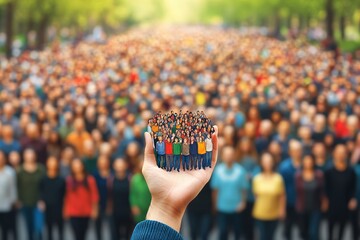 Hand holding a mass of tiny black human figures symbolizing conformity control and the power dynamics of organized society in a structured minimalist composition