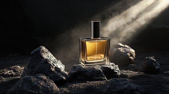 
A luxurious premium perfume bottle rests on a textured black stone surrounded by dark sand and a rough surface.