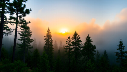 Misty foggy mountain pine forest at sunrise isolated with white highlights, png
