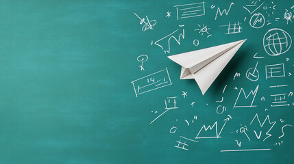 
A paper airplane flying across a chalkboard with mathematical equations, symbolizing ideas and learning in an educational context