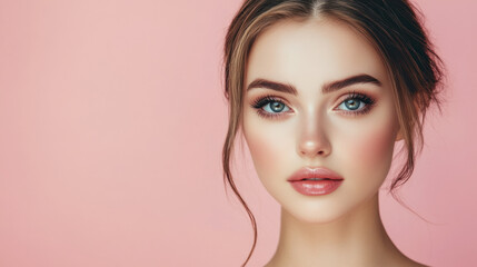 Fototapeta premium Young European sweet woman with blue eyes, flawless skin and natural makeup on a pink background. Beauty trends, skincare, cosmetics concept.