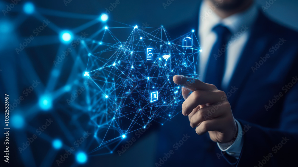 Poster a business professional interacts with a digital network display projecting data connections and tec
