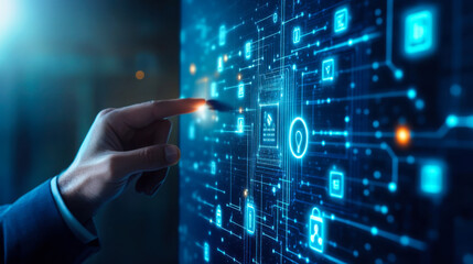 A business professional interacts with a digital network display projecting data connections and technology insights in an office setting