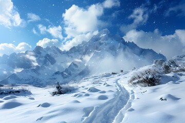 Obraz premium Serene Winter Landscape with Snow-Covered Mountains and a Tranquil Pathway