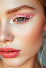Close-up portrait highlighting vibrant pink eye makeup with glimmering gem details. Features smooth, glowing skin with soft lips, creating an elegant, sophisticated look.

