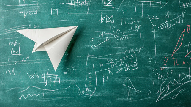 
A paper airplane flying across a chalkboard with mathematical equations, symbolizing ideas and learning in an educational context