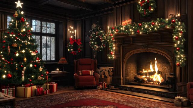 Cozy living room with a Christmas tree and a fireplace. The room is decorated with Christmas lights and wreaths