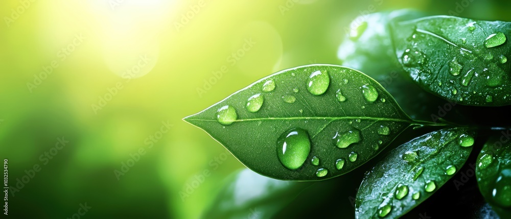 Wall mural close-up of green leaves with water droplets against a soft light background.