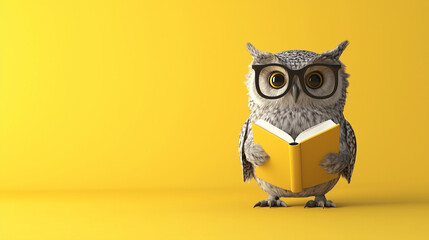 3D Rendered Owl With Glasses Reading a Book on Yellow Background