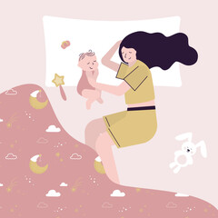 Mother and child sleep on pillow under blanket. Family, motherhood, child care and healthy sleep. Mom and infant sleeping in bed together. Maternal tenderness and love. Top view