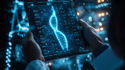 A scientist analyzes a DNA strand on a digital tablet in a modern research laboratory at night