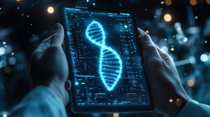A scientist analyzes a DNA strand on a digital tablet in a modern research laboratory at night