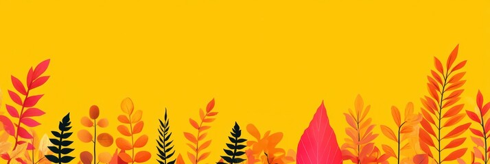 Colorful autumn leaves against a vibrant yellow background.