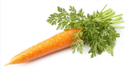A vibrant, freshly harvested carrot with lush green tops, placed against a pure white background.