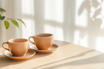 Warm brown cups on a wooden table create a cozy coffee moment in soft sunlight