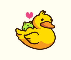 Yellow Duck with Frog Companion and Heart, Cute Cartoon Vector Illustration
