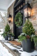 Naklejka premium Decorated entrance with a wreath and illuminated trees during the festive winter season