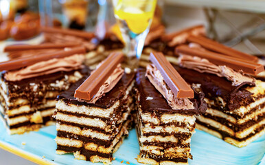 Chocolate layered cakes on a plate.