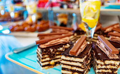 Chocolate layered cakes on a plate.