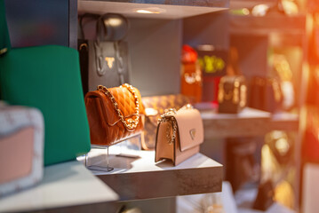 Leather handbags collection in the store.