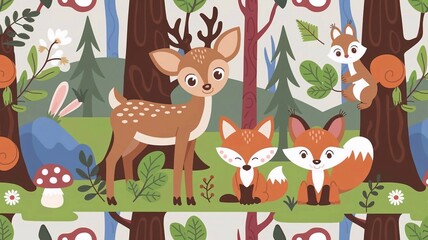 Fototapeta premium Adorable Woodland Creatures and Nature Illustration Pattern