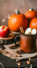 Cozy autumn scene with apple cider, cinnamon, and pumpkins for seasonal decor