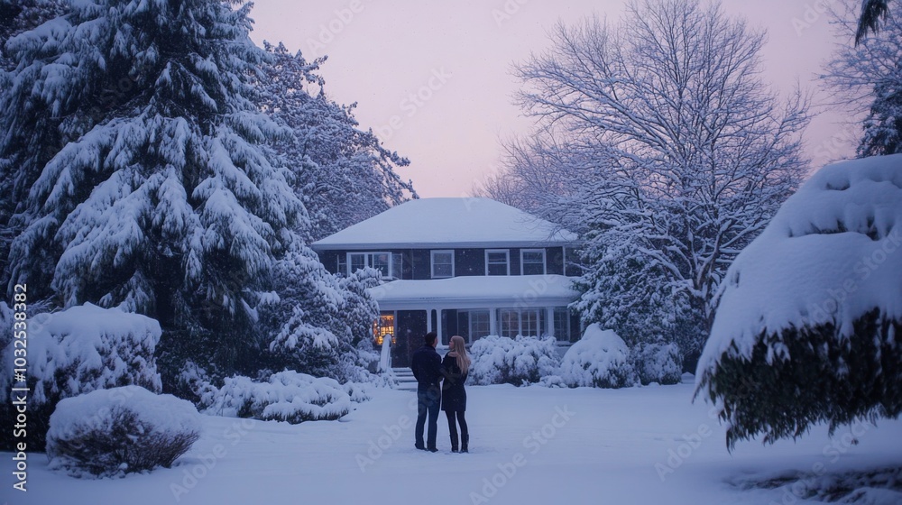 Poster a couple stands together in a snow-covered yard, admiring a charming house blanketed in white. the s
