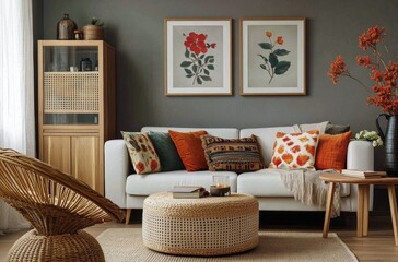 Stylish living room with modern decor and natural elements in a cozy home setting