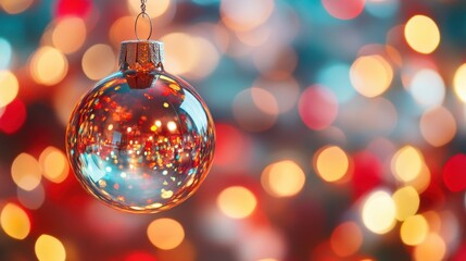A close-up of a glowing Christmas bauble Christmas colors