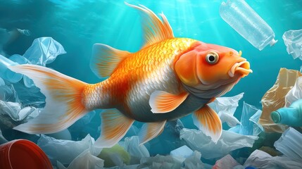 Naklejka premium Goldfish swimming through polluted water filled with plastic trash and debris.
