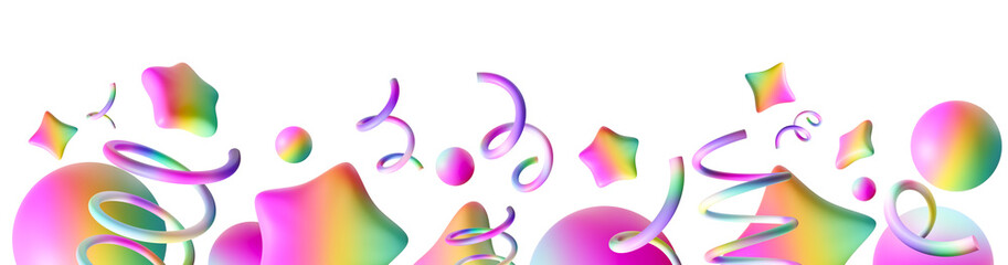 Vibrant, playful footer featuring colorful iridescent stars, spirals and spheres. This lively and festive graphic adds cheerful and dynamic touch to party invitations, banners and digital designs. 3D.