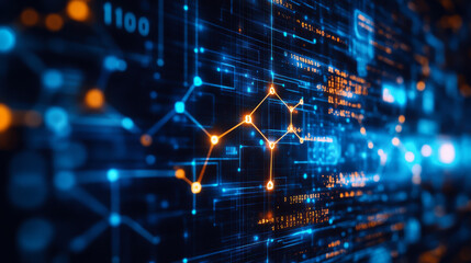 Abstract representation of digital data flow with illuminated circuits and binary code in a dark environment