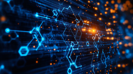 Obraz premium Abstract representation of digital data flow with illuminated circuits and binary code in a dark environment