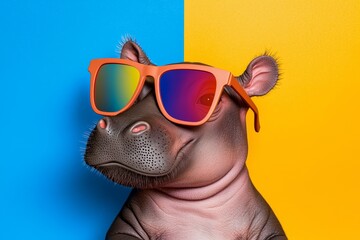 Snarky baby hippo wearing oversized sunglasses, vibrant 3D illustration, playful and bold expression, colorful background