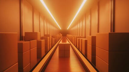 Fototapeta premium Automated warehouse with conveyor sorting packages, futuristic logistics setup