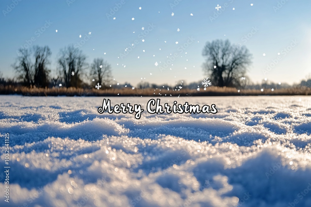 Wall mural the image shows a snowy field with a light blue sky and snowflakes falling there are trees in the ba
