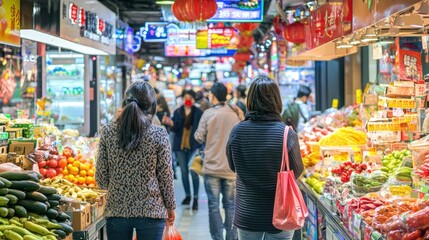 Obraz premium Chinese consumers shopping in a bustling market or retail space, exploring local products 