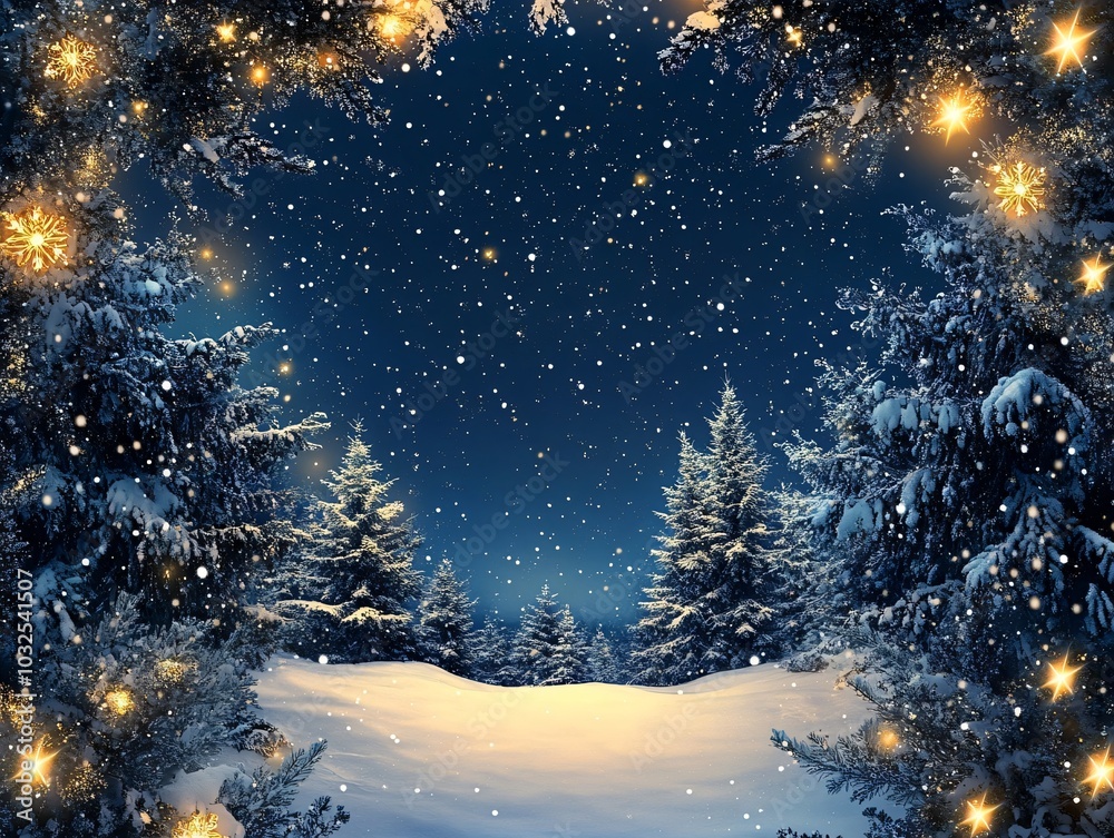 Wall mural the image shows a snowy forest at night the snow-covered trees are silhouetted against a dark blue s