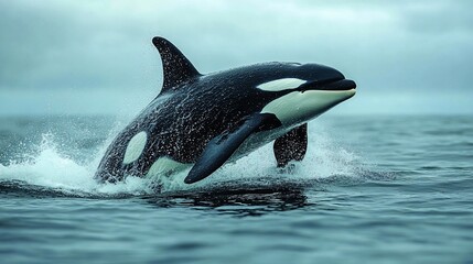 A killer whale leaps out of the water, creating a spray of water.
