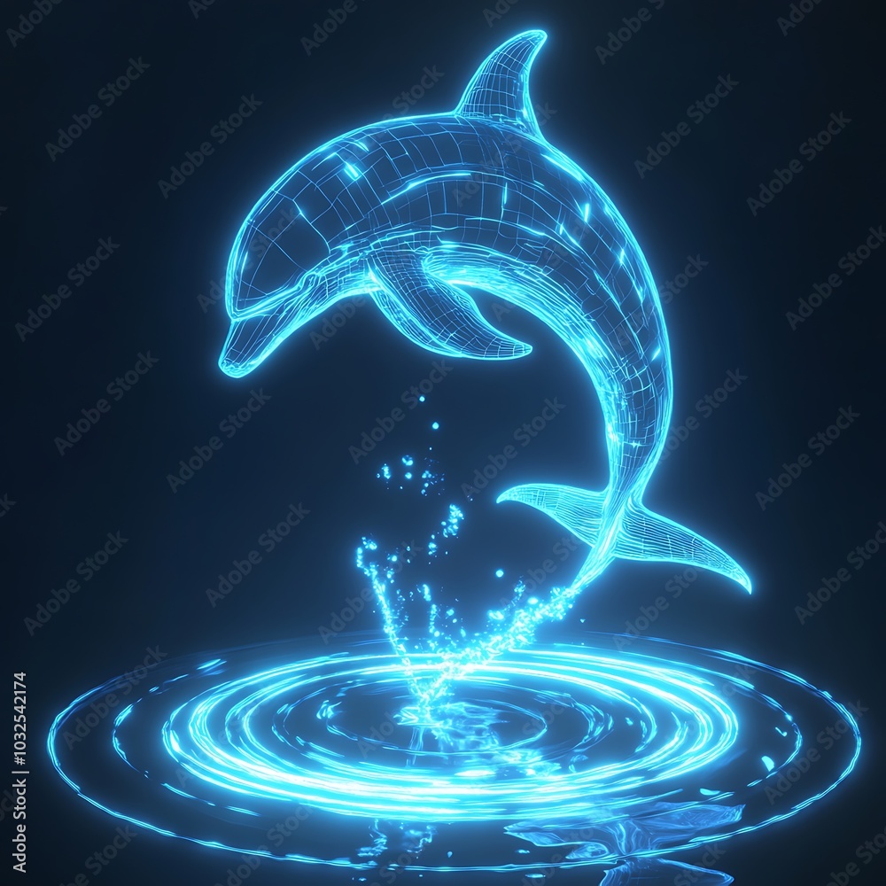 Poster Digital Dolphin Leaping Through a Glowing Ripples.