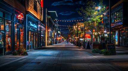 Fototapeta premium Nighttime shot of a city street illuminated by architectural lighting, showcasing nightlife
