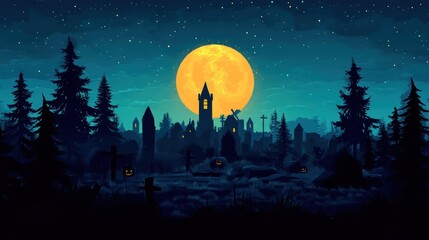 Naklejka premium Spooky night scene with a full moon over a haunted graveyard with silhouettes of trees.