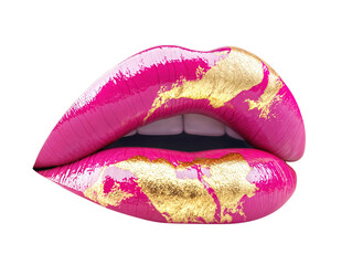 Open female mouth with pink lips with gold glitter, isolated on transparent background, png