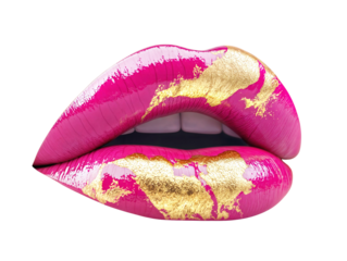 Open female mouth with pink lips with gold glitter, isolated on transparent background, png