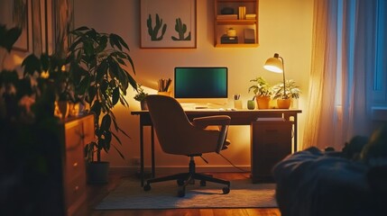 Cozy home office with warm lighting and plants, perfect for work or study.