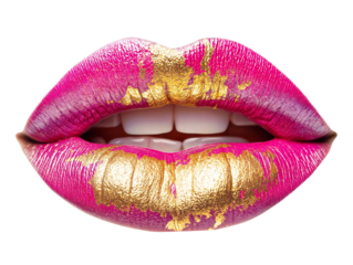 Open female mouth with pink lips with gold glitter, isolated on transparent background, png