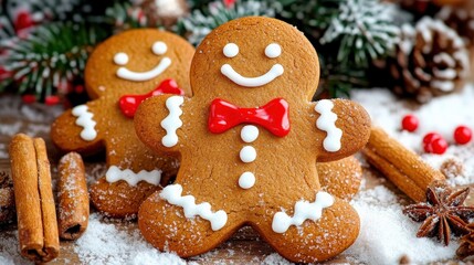 Two gingerbread men with bows on their collars